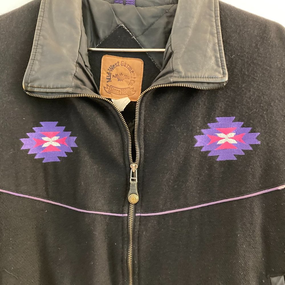 Black Wool Leather Bomber Vtg Jacket Southwest Graphic made in Canada - Picture 3 of 16